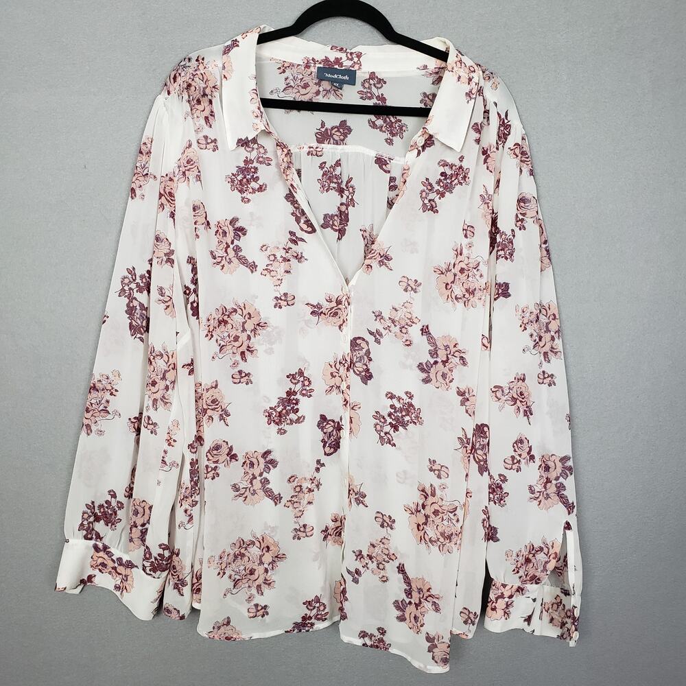 ModCloth Plus Size‎ 4X Sheer Long Sleeve Button Up Top Cream Pink Floral Western